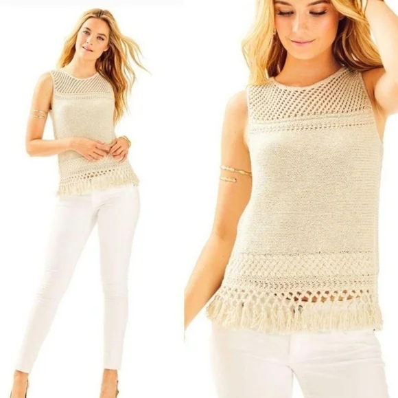 LILLY PULITZER LIMON Womens Small Metallic Gold Sleeveless Fringe Sweater - Picture 1 of 6